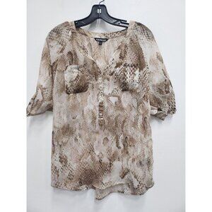 Express Women Blouse Small Brown Snake Skin Print Chiffon Tab Sleeve Half Button